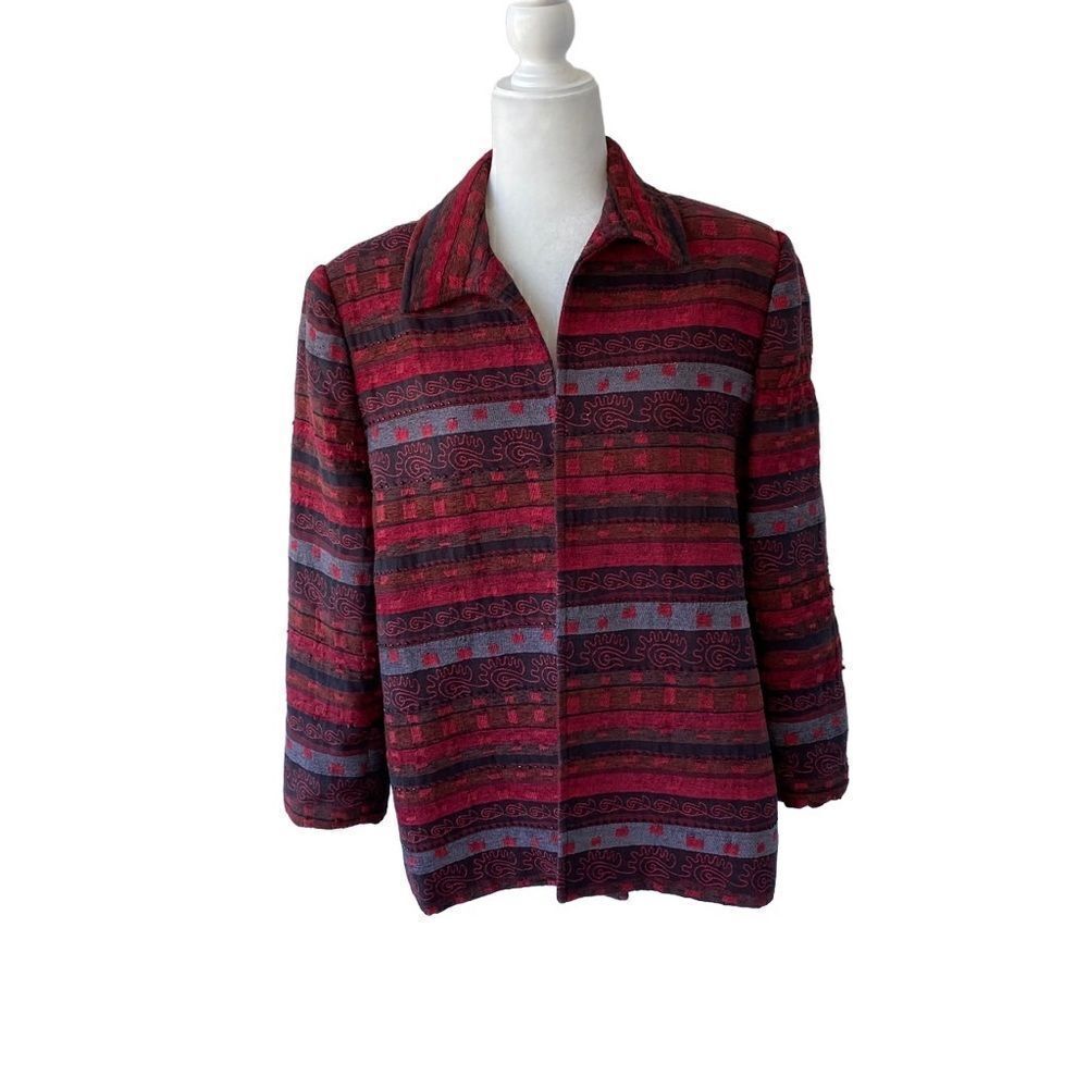 Alfred Dunner Aztec Pattern Jacket Red Beaded Open Front SZ 14 - Picture 14 of 14